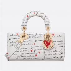 Dior Dioramour Small Lady D-Joy Bag White Calfskin with Black and Red Je Vous Adore Print