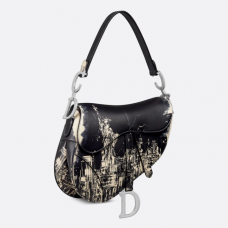 Dior Saddle Bag with Strap Black and White Calfskin with New York Print