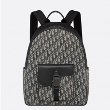 Dior Saddle Zip Backpack Beige and Black Dior Oblique Jacquard with Black Grained Calfskin