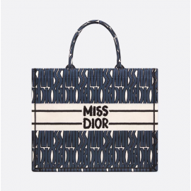 Dior Large Book Tote Blue and White Miss Dior Allover Embroidery